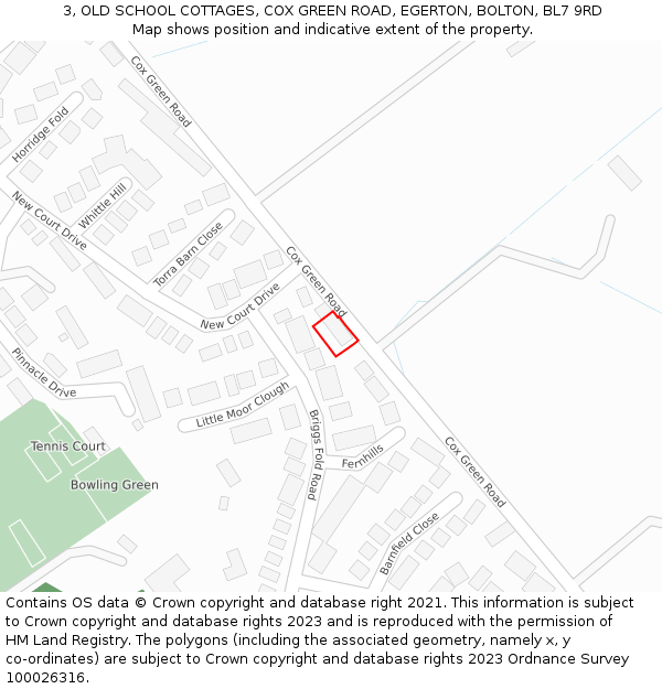 3, OLD SCHOOL COTTAGES, COX GREEN ROAD, EGERTON, BOLTON, BL7 9RD: Location map and indicative extent of plot