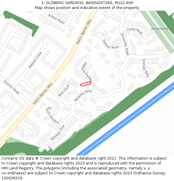 3, OLDBERG GARDENS, BASINGSTOKE, RG22 4NP: Location map and indicative extent of plot