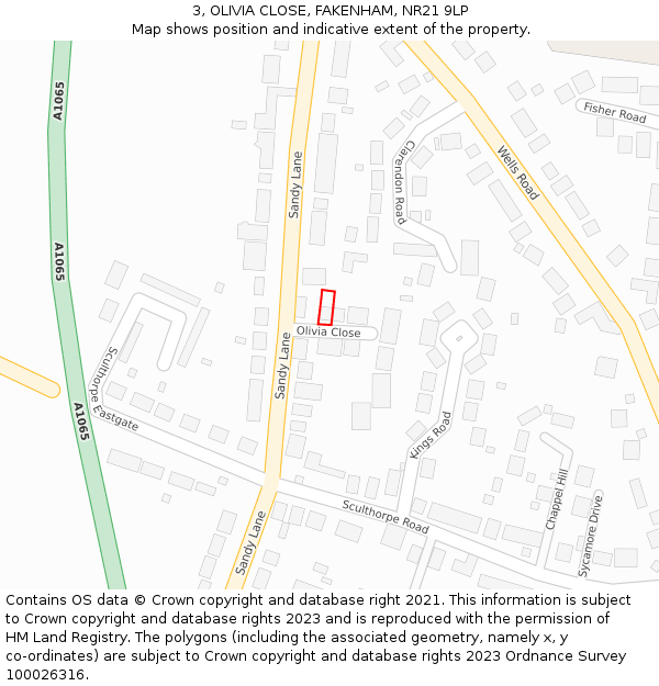 3, OLIVIA CLOSE, FAKENHAM, NR21 9LP: Location map and indicative extent of plot