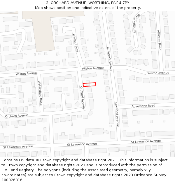 3, ORCHARD AVENUE, WORTHING, BN14 7PY: Location map and indicative extent of plot