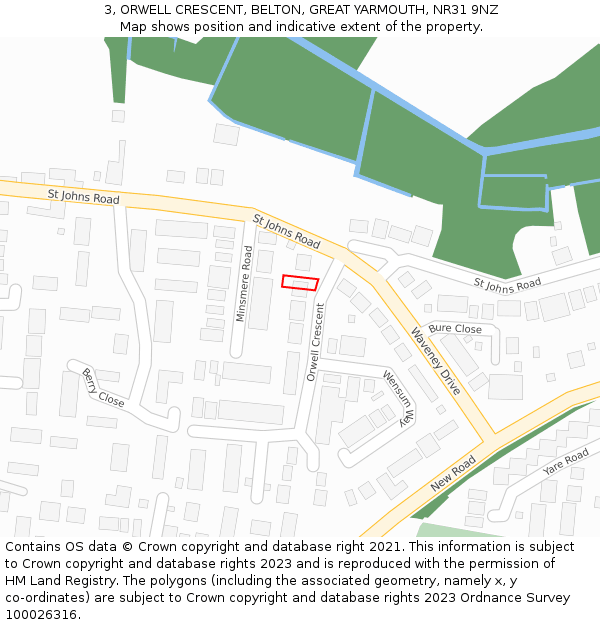3, ORWELL CRESCENT, BELTON, GREAT YARMOUTH, NR31 9NZ: Location map and indicative extent of plot