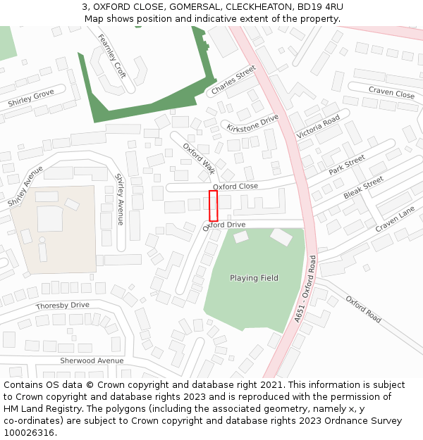 3, OXFORD CLOSE, GOMERSAL, CLECKHEATON, BD19 4RU: Location map and indicative extent of plot