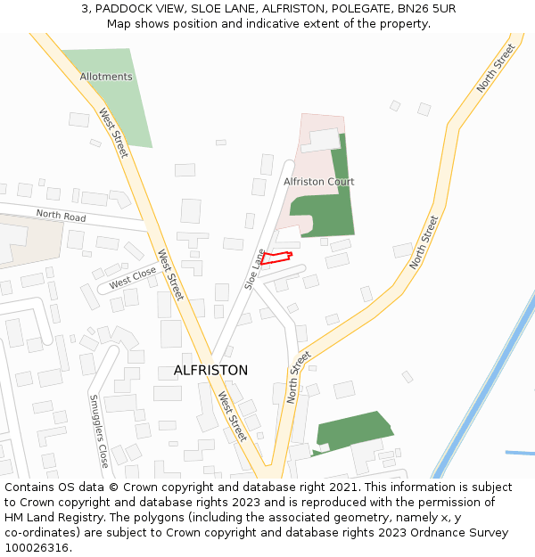 3, PADDOCK VIEW, SLOE LANE, ALFRISTON, POLEGATE, BN26 5UR: Location map and indicative extent of plot