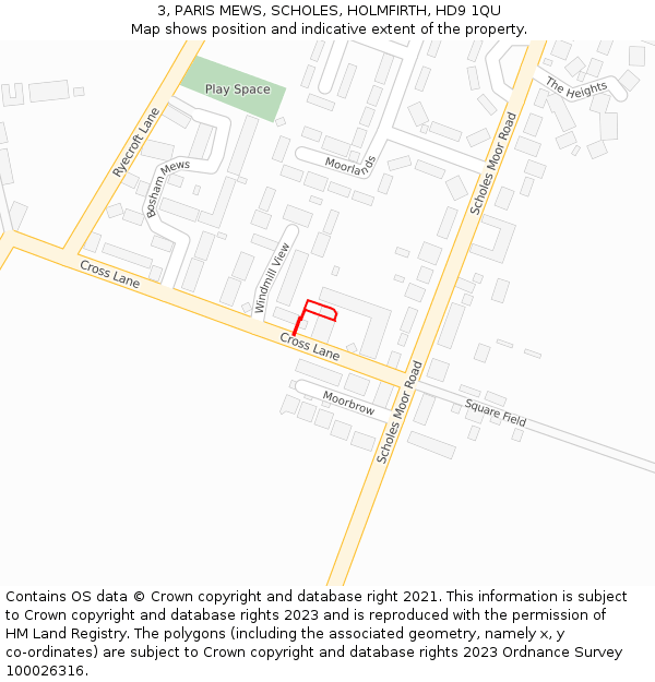 3, PARIS MEWS, SCHOLES, HOLMFIRTH, HD9 1QU: Location map and indicative extent of plot