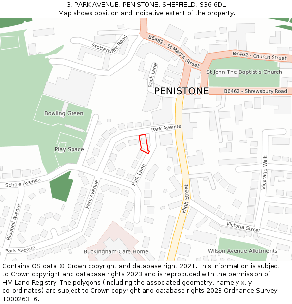 3, PARK AVENUE, PENISTONE, SHEFFIELD, S36 6DL: Location map and indicative extent of plot