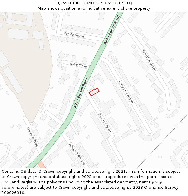 3, PARK HILL ROAD, EPSOM, KT17 1LQ: Location map and indicative extent of plot