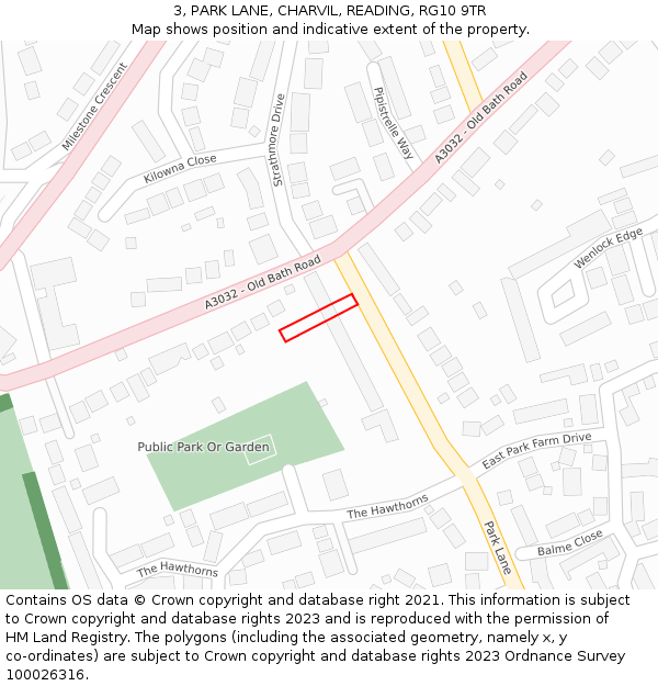 3, PARK LANE, CHARVIL, READING, RG10 9TR: Location map and indicative extent of plot