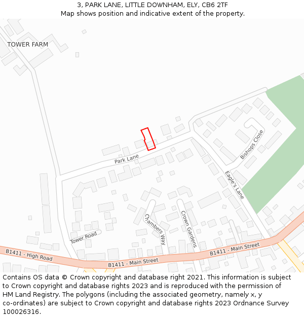 3, PARK LANE, LITTLE DOWNHAM, ELY, CB6 2TF: Location map and indicative extent of plot