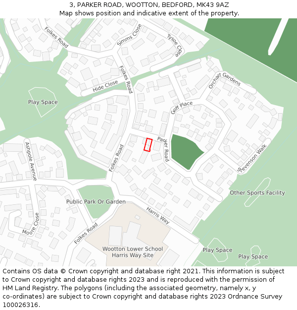 3, PARKER ROAD, WOOTTON, BEDFORD, MK43 9AZ: Location map and indicative extent of plot