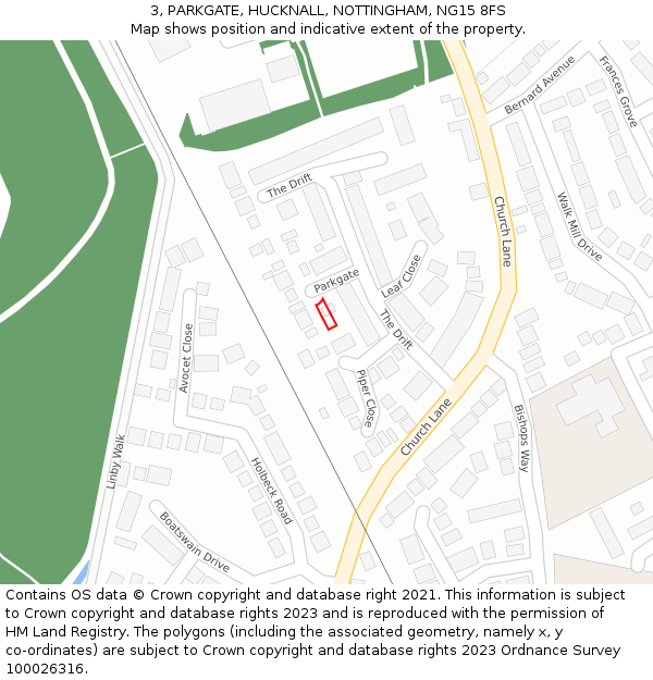 3, PARKGATE, HUCKNALL, NOTTINGHAM, NG15 8FS: Location map and indicative extent of plot