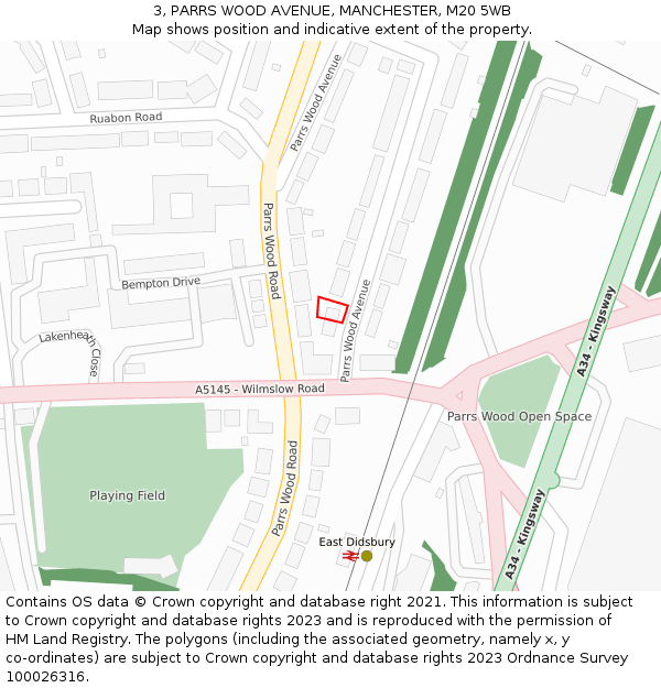 3, PARRS WOOD AVENUE, MANCHESTER, M20 5WB: Location map and indicative extent of plot