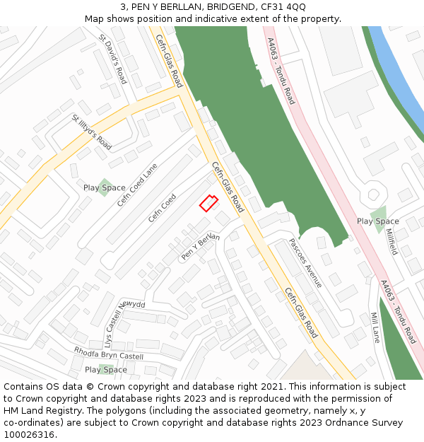 3, PEN Y BERLLAN, BRIDGEND, CF31 4QQ: Location map and indicative extent of plot