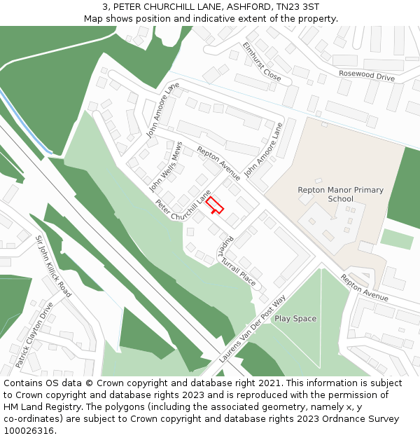 3, PETER CHURCHILL LANE, ASHFORD, TN23 3ST: Location map and indicative extent of plot