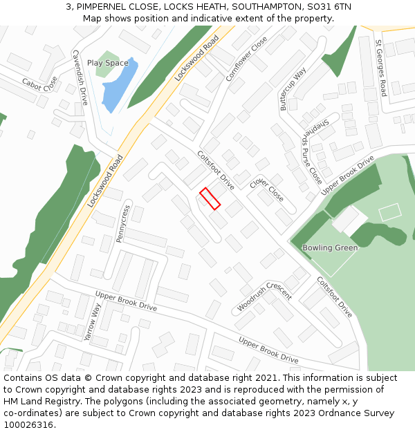 3, PIMPERNEL CLOSE, LOCKS HEATH, SOUTHAMPTON, SO31 6TN: Location map and indicative extent of plot