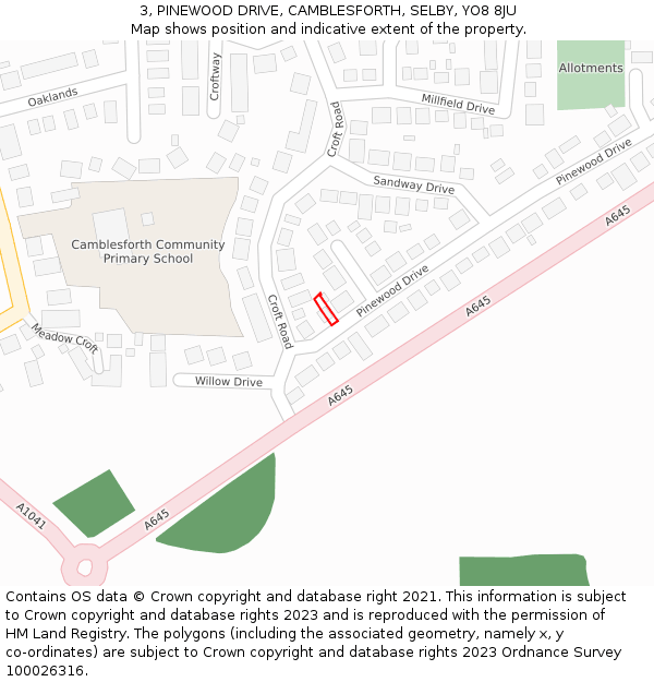 3, PINEWOOD DRIVE, CAMBLESFORTH, SELBY, YO8 8JU: Location map and indicative extent of plot