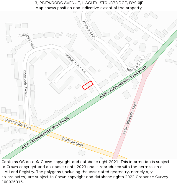 3, PINEWOODS AVENUE, HAGLEY, STOURBRIDGE, DY9 0JF: Location map and indicative extent of plot