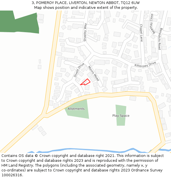 3, POMEROY PLACE, LIVERTON, NEWTON ABBOT, TQ12 6UW: Location map and indicative extent of plot