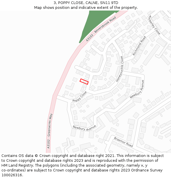 3, POPPY CLOSE, CALNE, SN11 9TD: Location map and indicative extent of plot