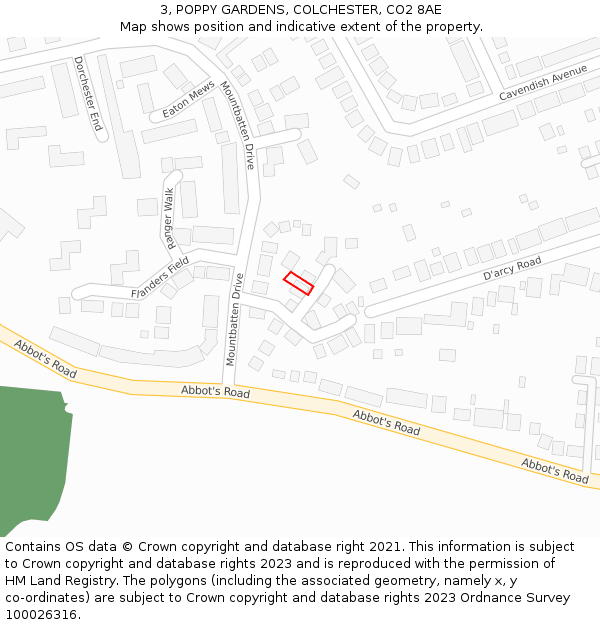 3, POPPY GARDENS, COLCHESTER, CO2 8AE: Location map and indicative extent of plot