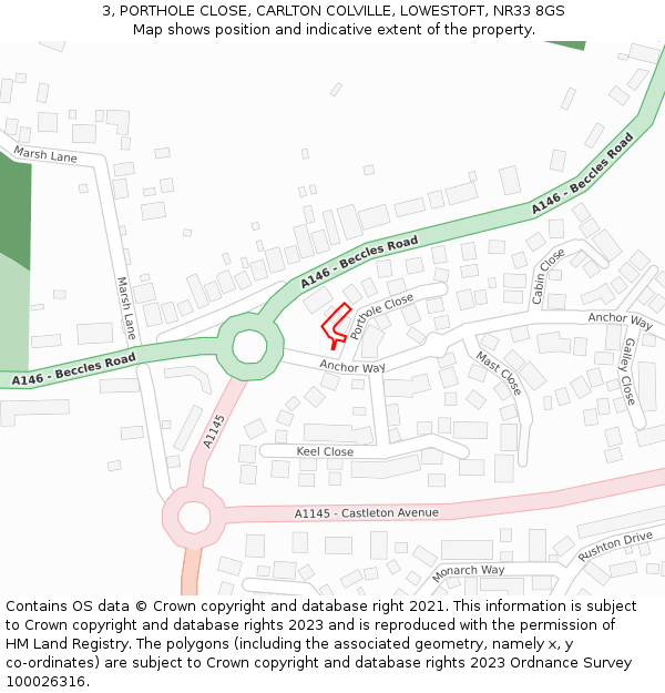 3, PORTHOLE CLOSE, CARLTON COLVILLE, LOWESTOFT, NR33 8GS: Location map and indicative extent of plot