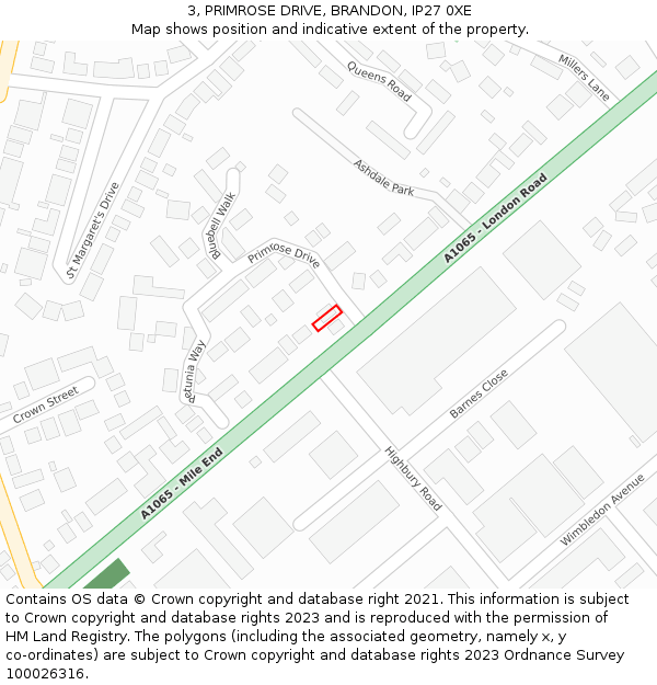 3, PRIMROSE DRIVE, BRANDON, IP27 0XE: Location map and indicative extent of plot