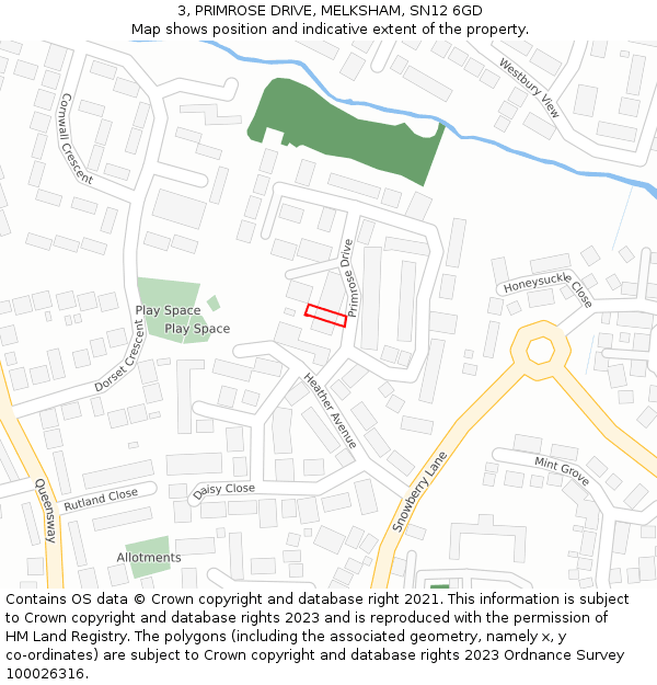 3, PRIMROSE DRIVE, MELKSHAM, SN12 6GD: Location map and indicative extent of plot