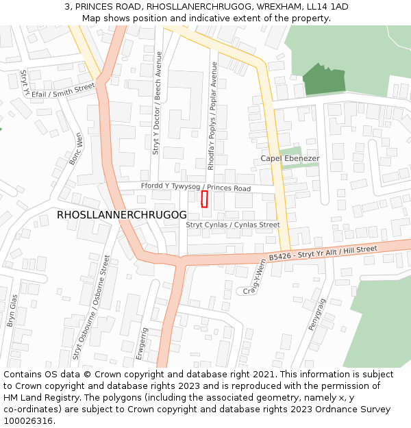 3, PRINCES ROAD, RHOSLLANERCHRUGOG, WREXHAM, LL14 1AD: Location map and indicative extent of plot