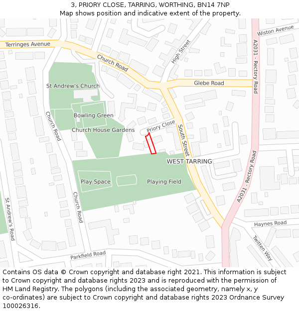3, PRIORY CLOSE, TARRING, WORTHING, BN14 7NP: Location map and indicative extent of plot