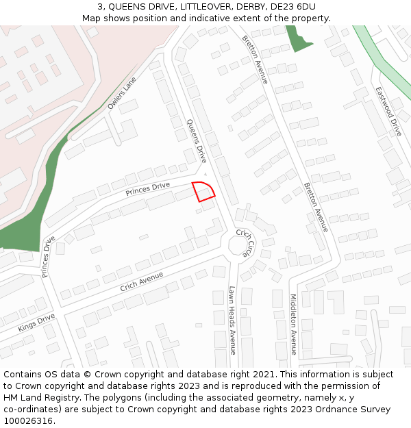 3, QUEENS DRIVE, LITTLEOVER, DERBY, DE23 6DU: Location map and indicative extent of plot