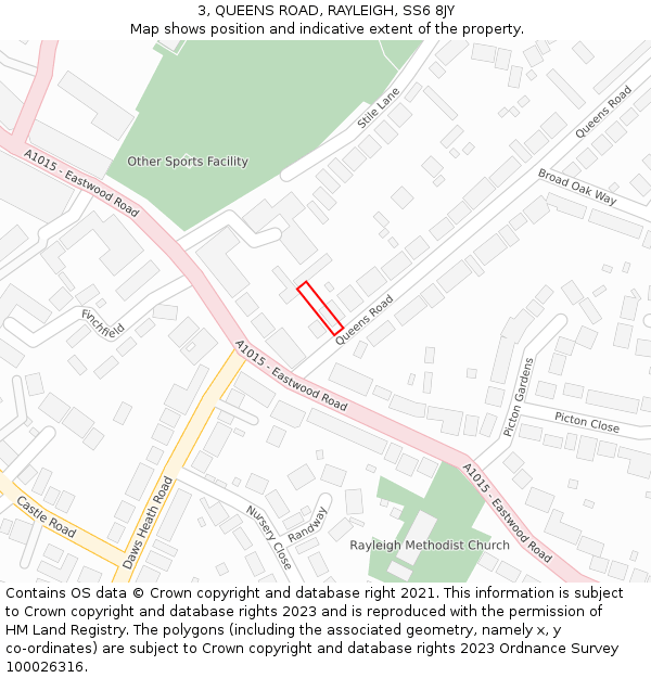 3, QUEENS ROAD, RAYLEIGH, SS6 8JY: Location map and indicative extent of plot