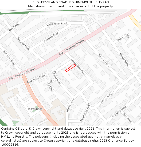 3, QUEENSLAND ROAD, BOURNEMOUTH, BH5 2AB: Location map and indicative extent of plot