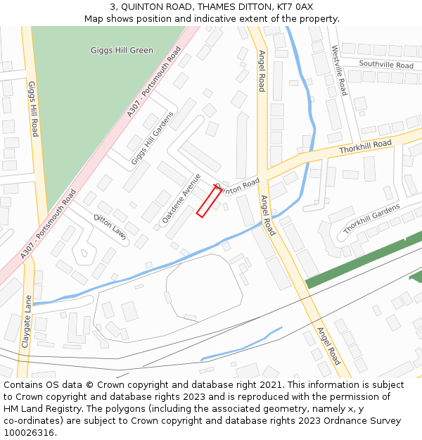 3, QUINTON ROAD, THAMES DITTON, KT7 0AX: Location map and indicative extent of plot