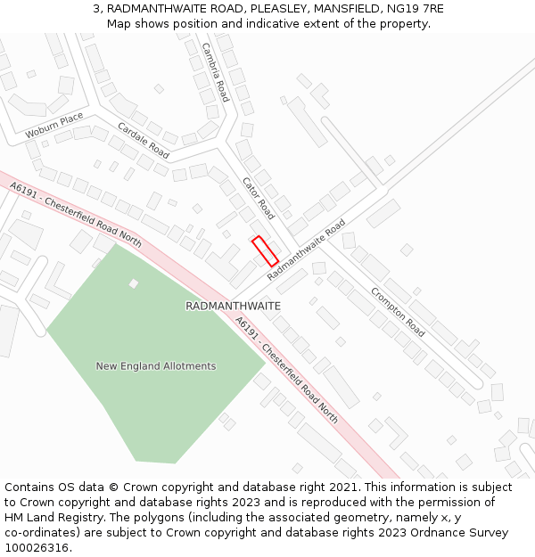 3, RADMANTHWAITE ROAD, PLEASLEY, MANSFIELD, NG19 7RE: Location map and indicative extent of plot