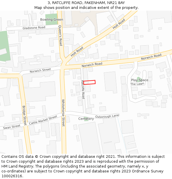 3, RATCLIFFE ROAD, FAKENHAM, NR21 8AY: Location map and indicative extent of plot