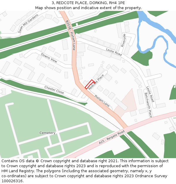 3, REDCOTE PLACE, DORKING, RH4 1PE: Location map and indicative extent of plot