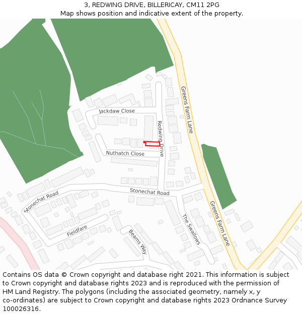 3, REDWING DRIVE, BILLERICAY, CM11 2PG: Location map and indicative extent of plot