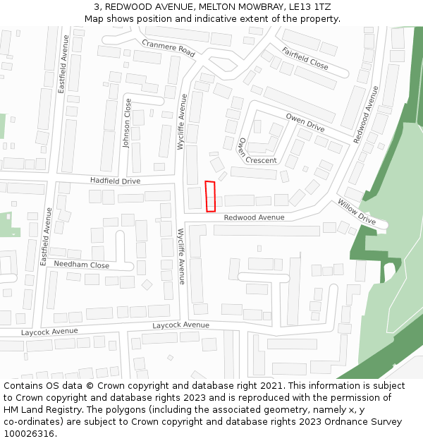 3, REDWOOD AVENUE, MELTON MOWBRAY, LE13 1TZ: Location map and indicative extent of plot