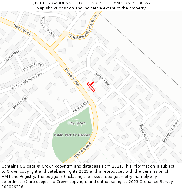 3, REPTON GARDENS, HEDGE END, SOUTHAMPTON, SO30 2AE: Location map and indicative extent of plot