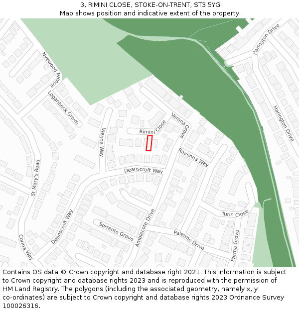 3, RIMINI CLOSE, STOKE-ON-TRENT, ST3 5YG: Location map and indicative extent of plot