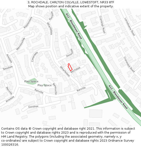 3, ROCHDALE, CARLTON COLVILLE, LOWESTOFT, NR33 8TF: Location map and indicative extent of plot
