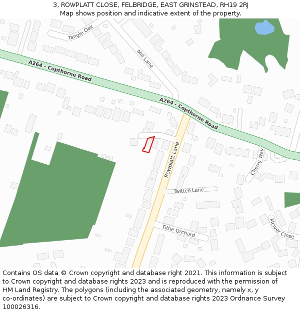 3, ROWPLATT CLOSE, FELBRIDGE, EAST GRINSTEAD, RH19 2RJ: Location map and indicative extent of plot