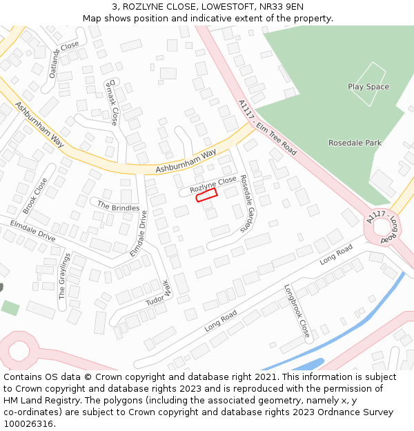 3, ROZLYNE CLOSE, LOWESTOFT, NR33 9EN: Location map and indicative extent of plot