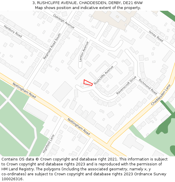 3, RUSHCLIFFE AVENUE, CHADDESDEN, DERBY, DE21 6NW: Location map and indicative extent of plot
