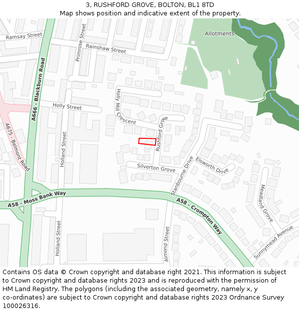 3, RUSHFORD GROVE, BOLTON, BL1 8TD: Location map and indicative extent of plot