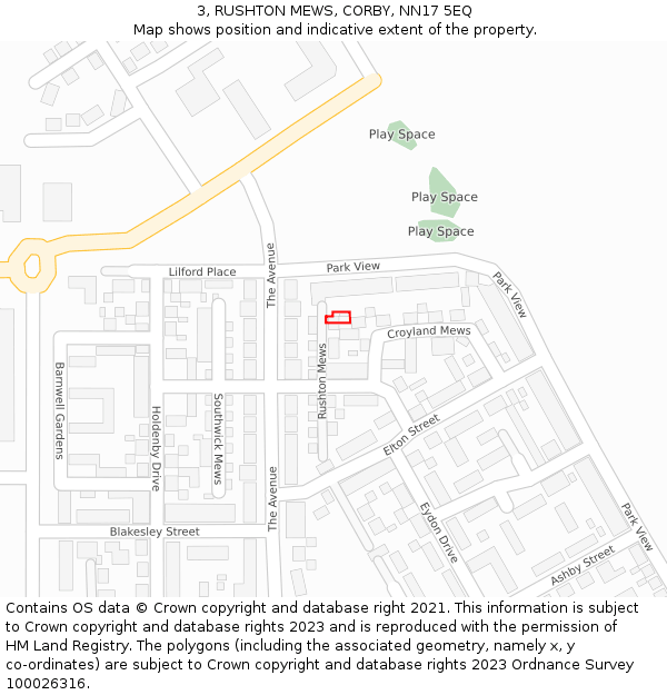 3, RUSHTON MEWS, CORBY, NN17 5EQ: Location map and indicative extent of plot