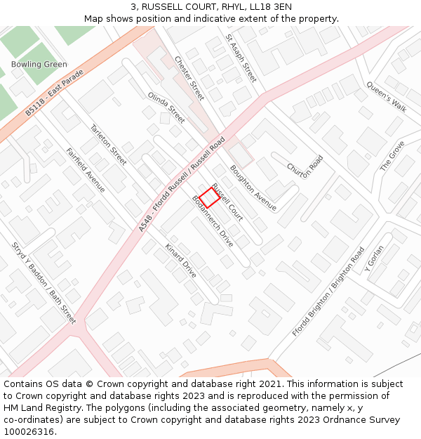 3, RUSSELL COURT, RHYL, LL18 3EN: Location map and indicative extent of plot