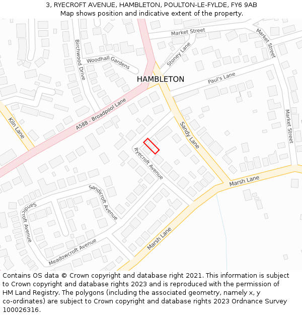 3, RYECROFT AVENUE, HAMBLETON, POULTON-LE-FYLDE, FY6 9AB: Location map and indicative extent of plot