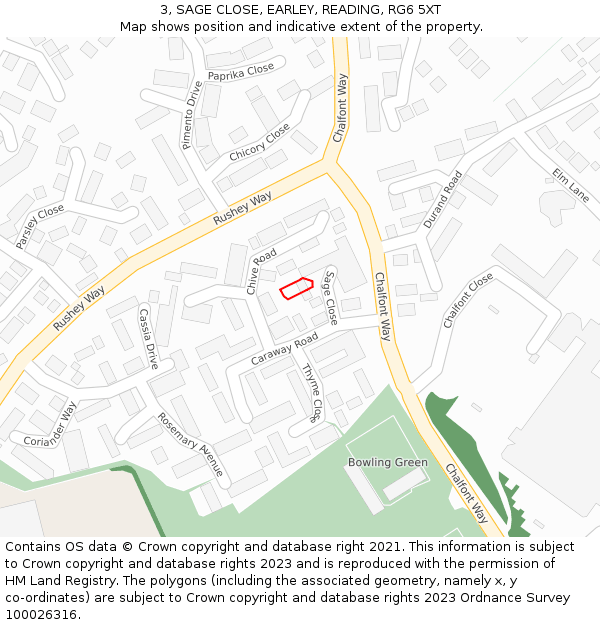 3, SAGE CLOSE, EARLEY, READING, RG6 5XT: Location map and indicative extent of plot