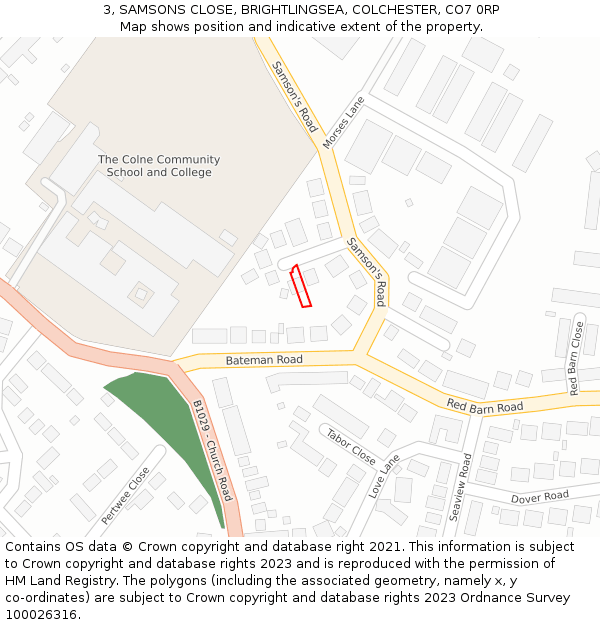 3, SAMSONS CLOSE, BRIGHTLINGSEA, COLCHESTER, CO7 0RP: Location map and indicative extent of plot