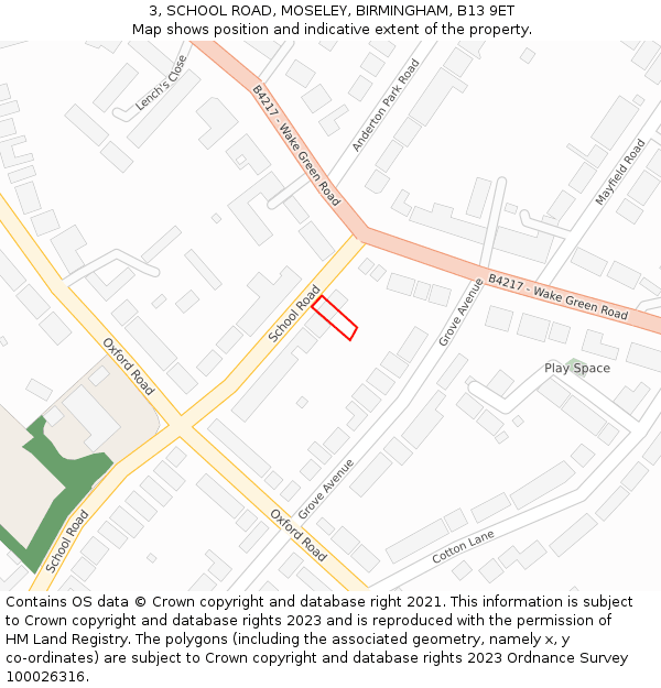 3, SCHOOL ROAD, MOSELEY, BIRMINGHAM, B13 9ET: Location map and indicative extent of plot